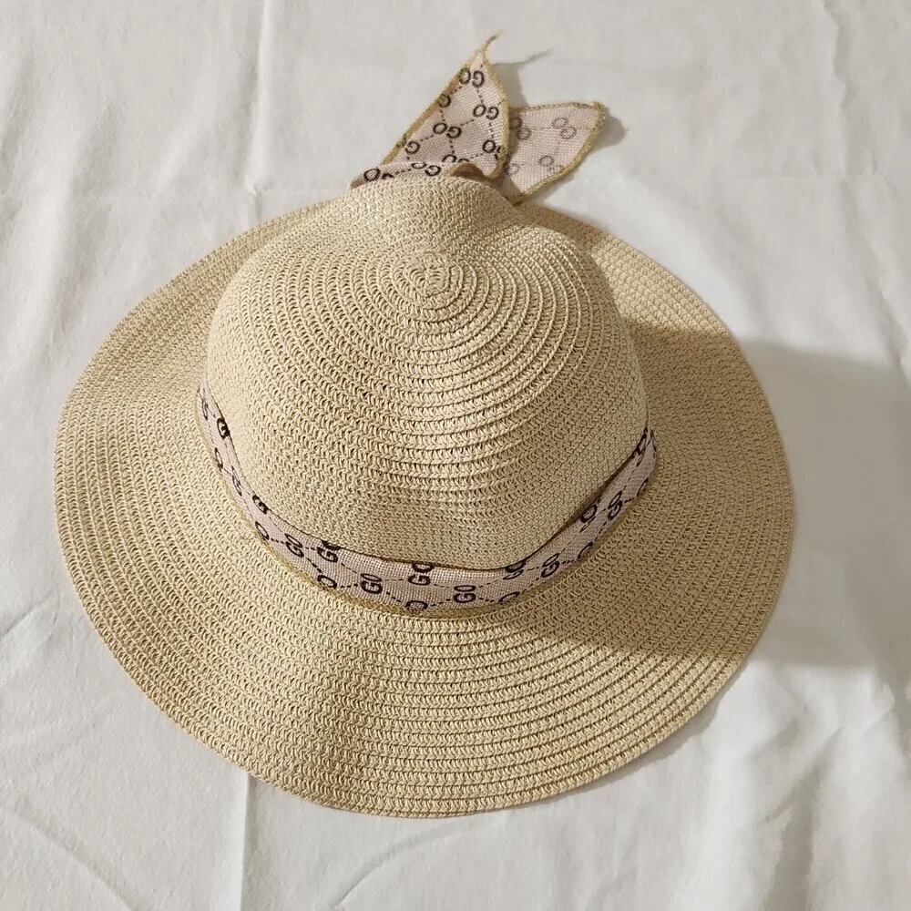 GO Women's Straw Floppy Foldable Wide Brim Bow Embellished Hat Summer Beach Walk